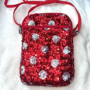 Disney Parks Minnie Mouse sequin purse cross body red with white polka dot
